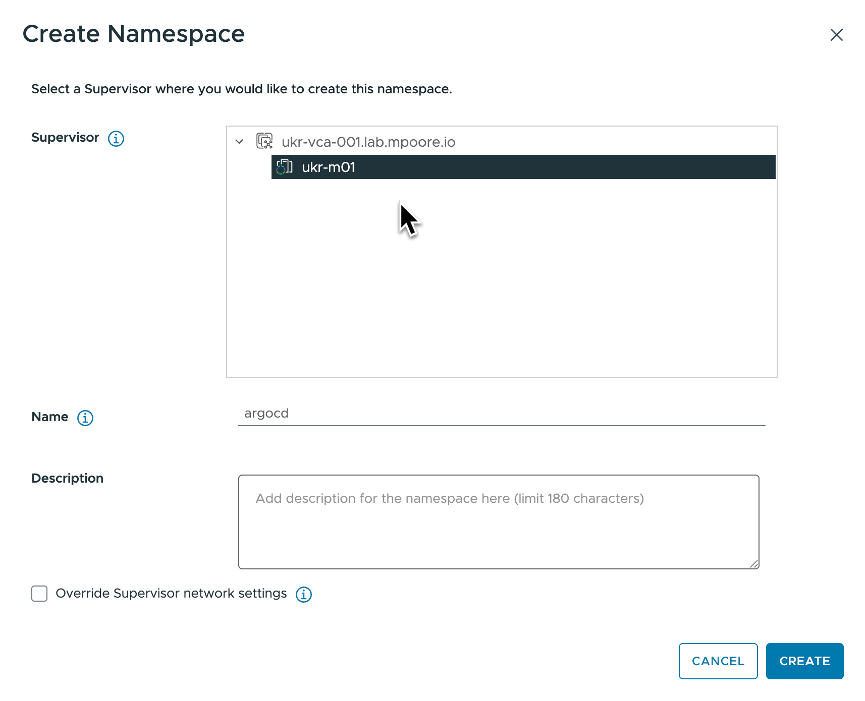 Screenshot showing creation of a new namespace.