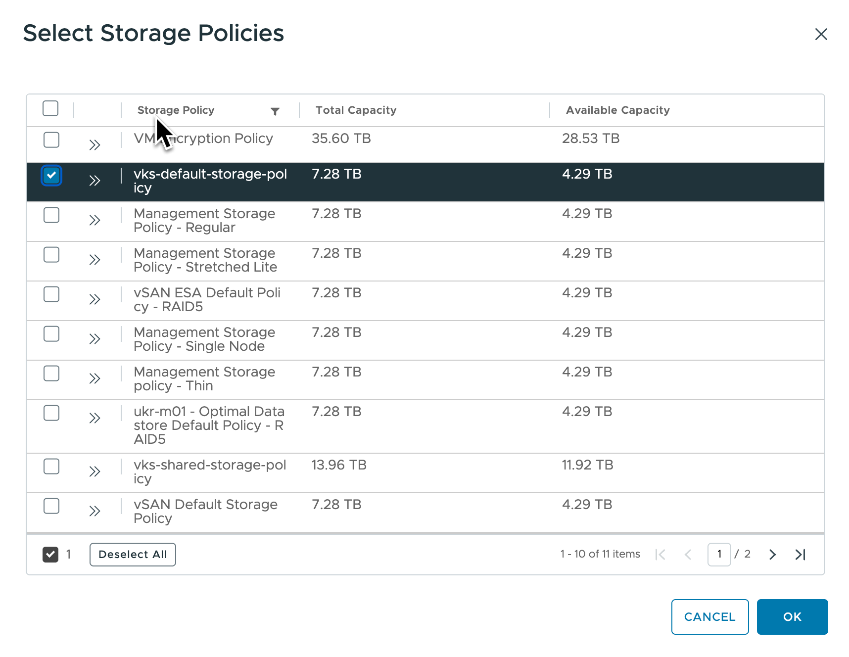 Screenshot showing a storage policy being selected for the namespace.