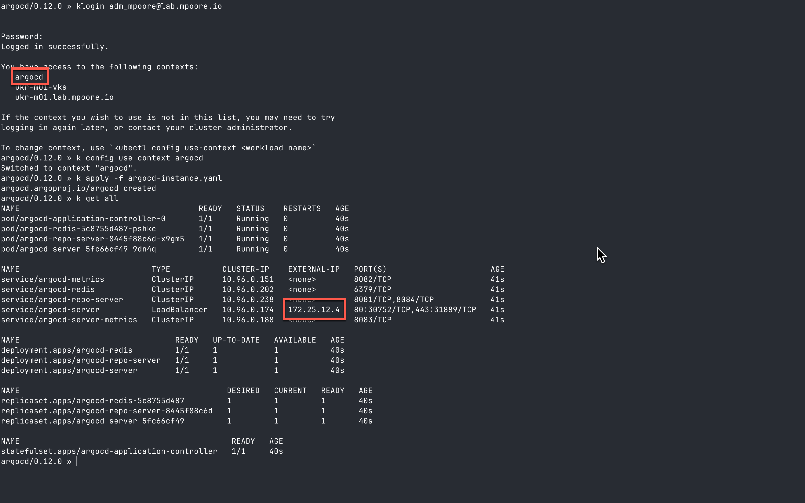 Screenshot showing terminal commands and results for deploying Argo CD.