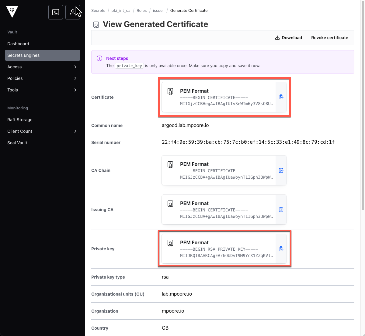 Screenshot showing the new certificate generated in the Vault UI.
