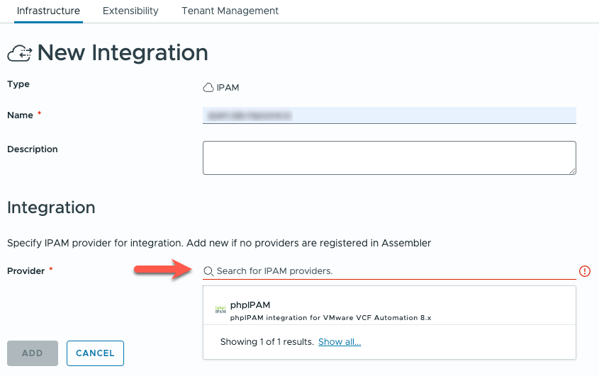 Screenshot showing the selection of the phpIPAM provider.